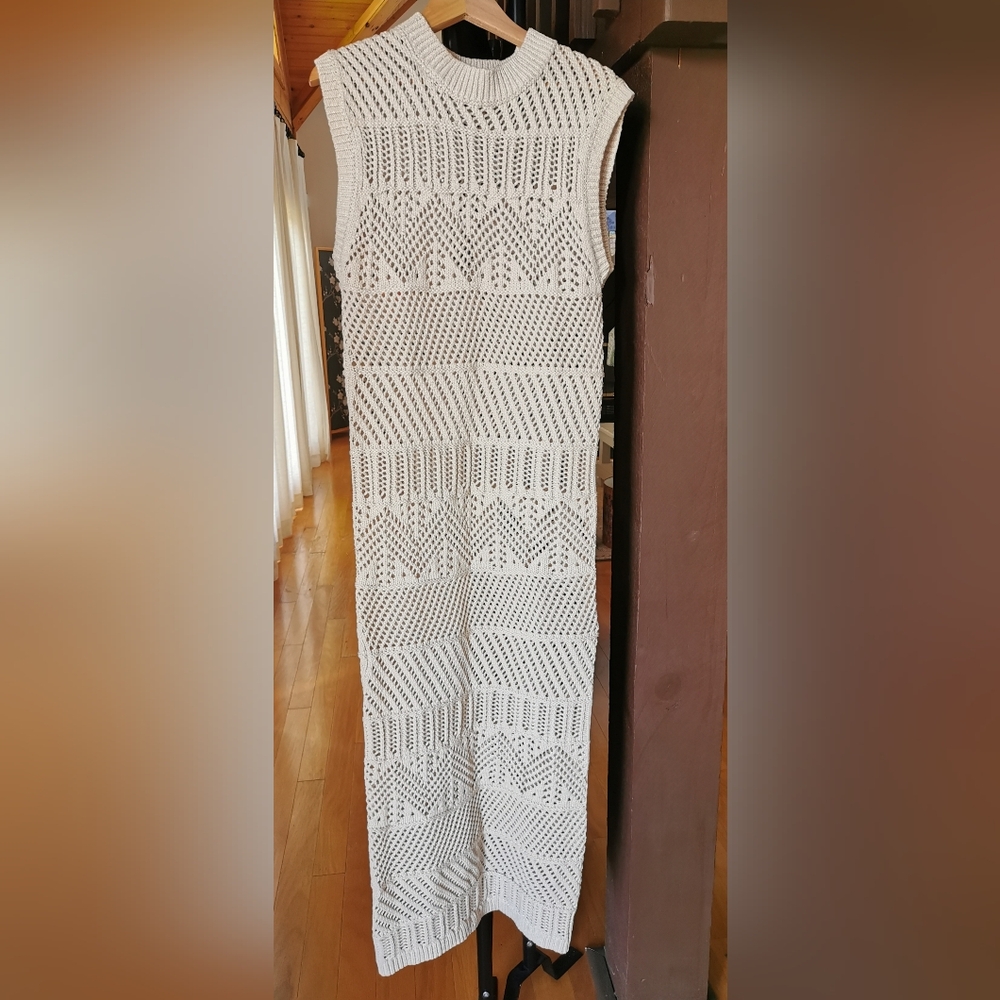 MNG by Mango mock neck crotchet beige ivory midi dress medium bodycon